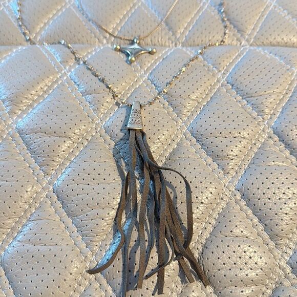 Free People 2 strand Long Chain Necklace faux leather Tassel - Picture 4 of 4